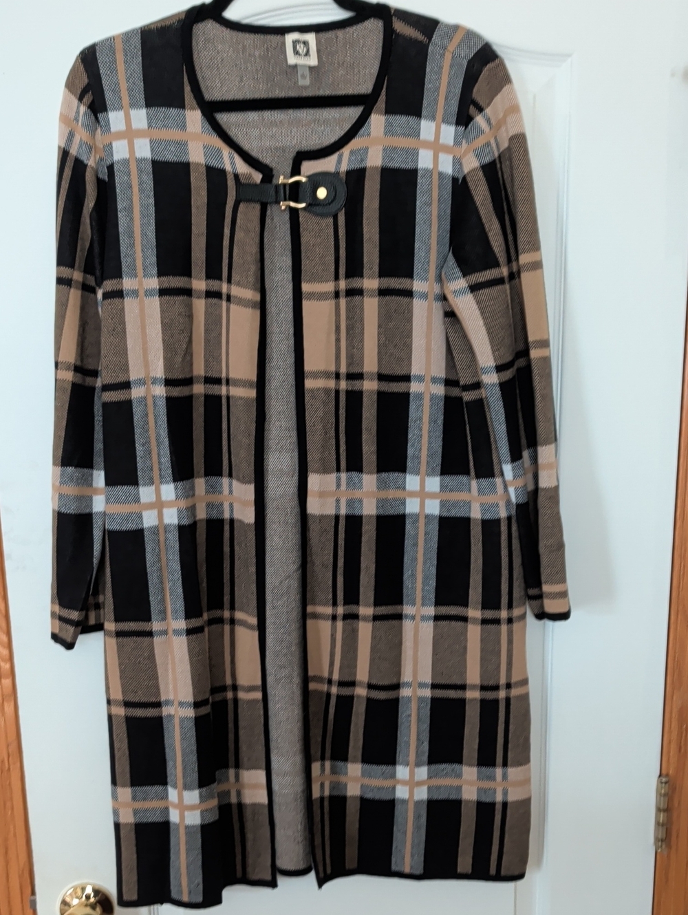 Anne Klein Black, Tan & Gray Plaid Open Cardigan with Buckle Accent Tote1